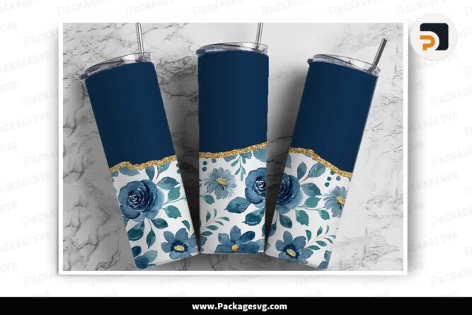 Navy Blue Flower Sublimation Design, 20oz Tumbler Wrap PNG LN8QBB1W