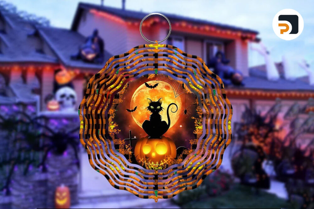 Pumpkin Black Cat Halloween Wind Spinner, 3D Sublimation Design