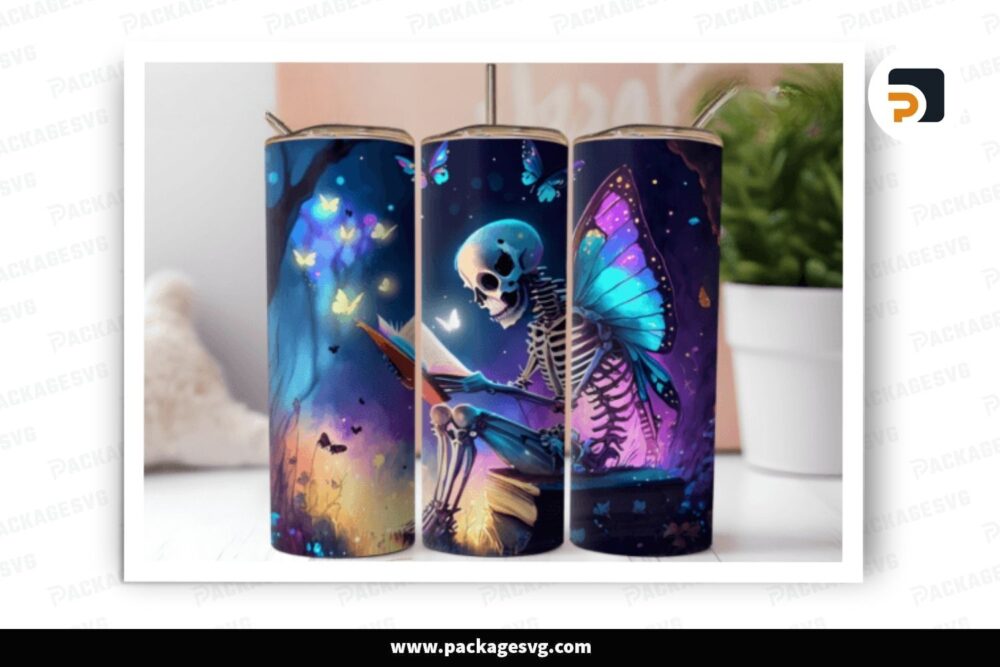 Skeleton Reading Book Sublimation Design, 20oz Skinny Tumbler Wrap LNU0ONQ9