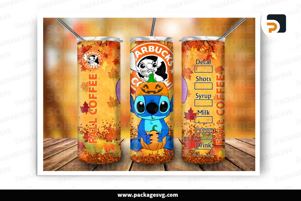 Stitch Fall Coffee Sublimation Disney Starbucks Design, 20oz Skinny Tumbler Wrap LNMOOFG7