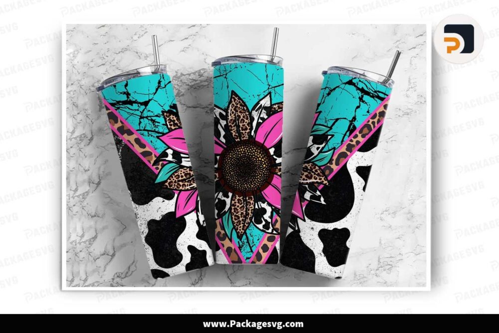 Turquoise Gem Stone Cow Design, 20oz Tumbler Wrap PNG LN8QO1EX