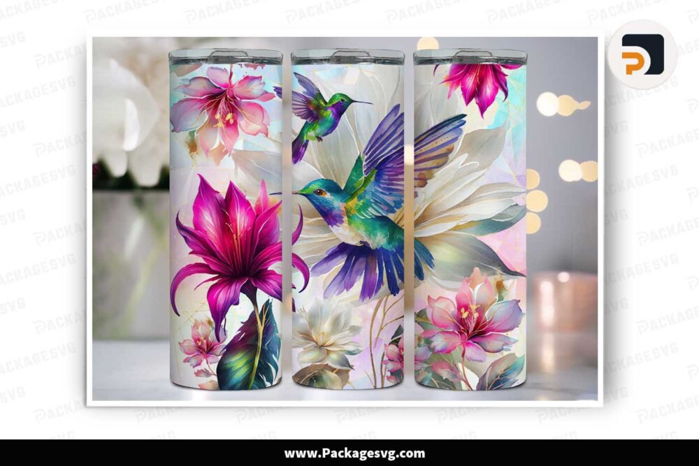 Watercolor Hummingbirds Floral 20oz Skinny Tumbler Wrap PNG LNCHFE7J