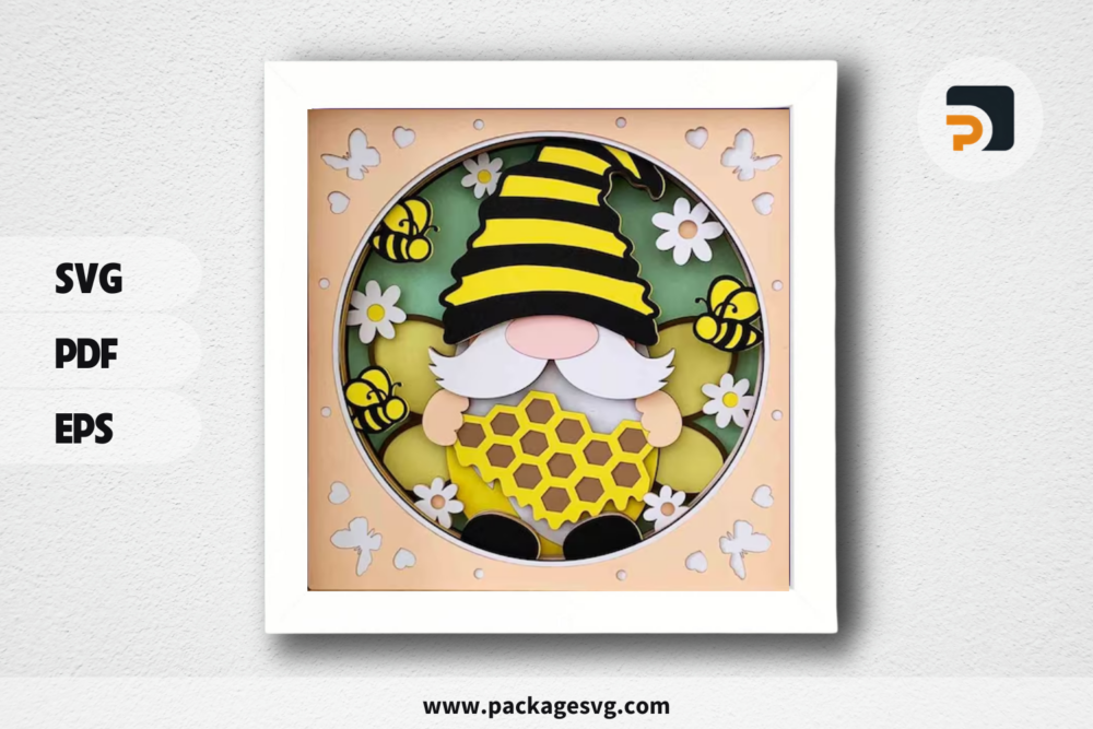 3D Bee Gnome Shadowbox, SVG Paper Cut File LPGOB6WS (2)