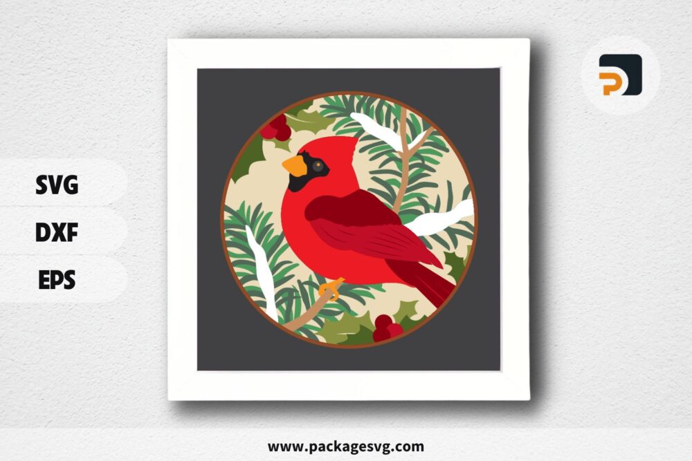 3D Cardinal Xmas Shadowbox SVG, Christmas Paper Cut File