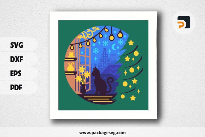 3D Cat In The Window Shadowbox, Christmas SVG Paper Cut File LPJ6CS6V (2)