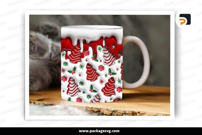 3D Christmas Tree Cakes Sublimation Design, 11oz Skinny Mug Wrap