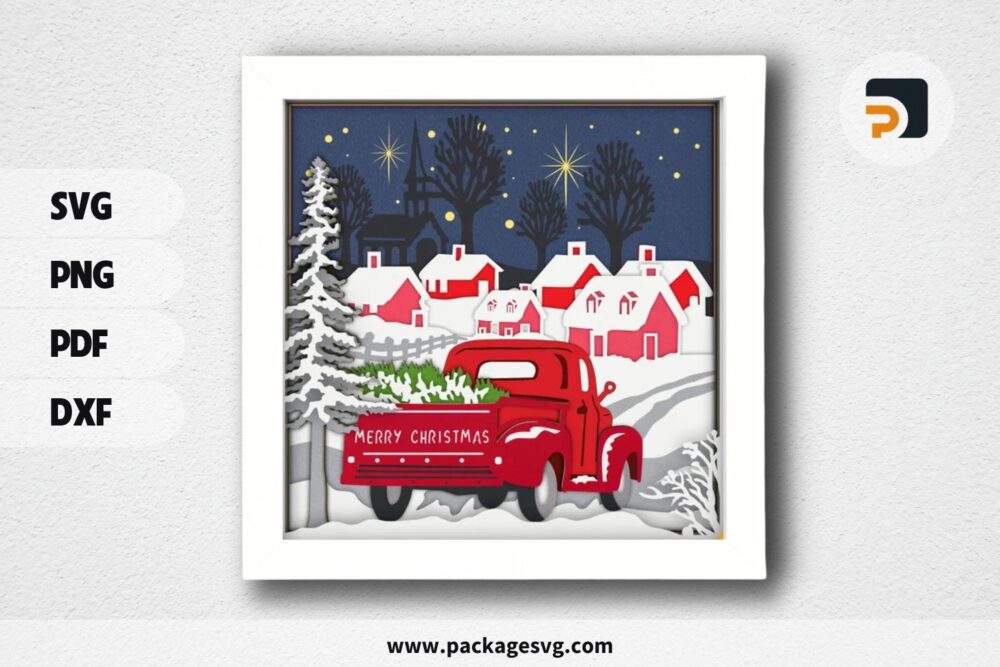 3D Christmas Truck Shadowbox SVG, Papercut Template Digital Download LFAXBN6U (1)