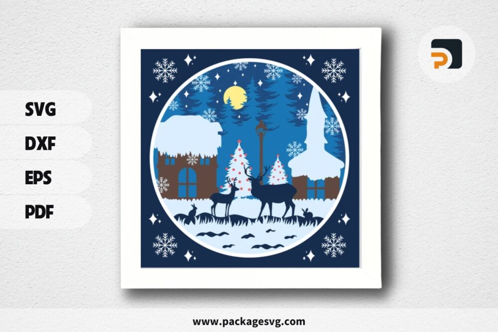 3D Deer In Winter Night Shadowbox, Christmas SVG Paper Cut File LPJ6QANP (1)