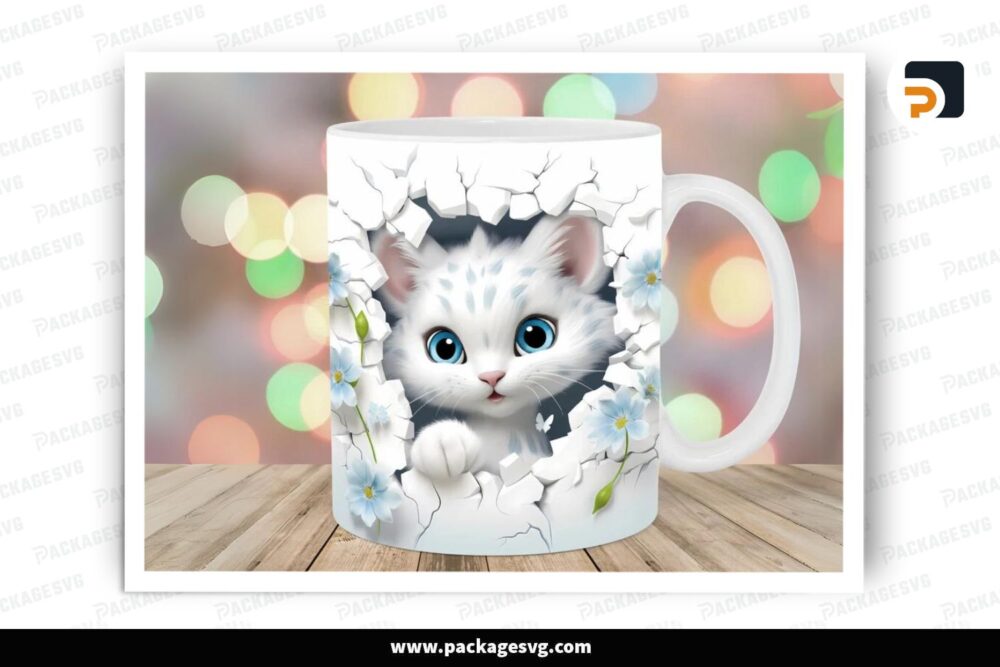 3D Kitten Hole In Wall Sublimation, 11oz 15oz Skinny Mug Wrap