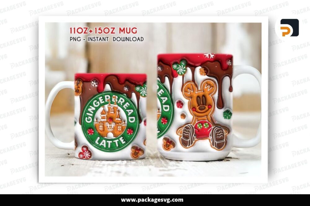 3D Mickey Gingerbear Inflated Sublimation Design, 11oz 15oz Skinny Mug Wrap LOMDD2V1