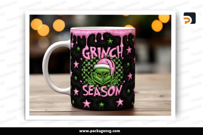 3D Pink & Black Glitter Grinchy Inflated Sublimation, 11oz 15oz Skinny Mug Wrap