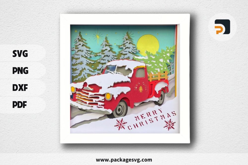 3D Vintage Christmas Truck Shadow Box, SVG Paper Cut File LLUAIO27 (2)