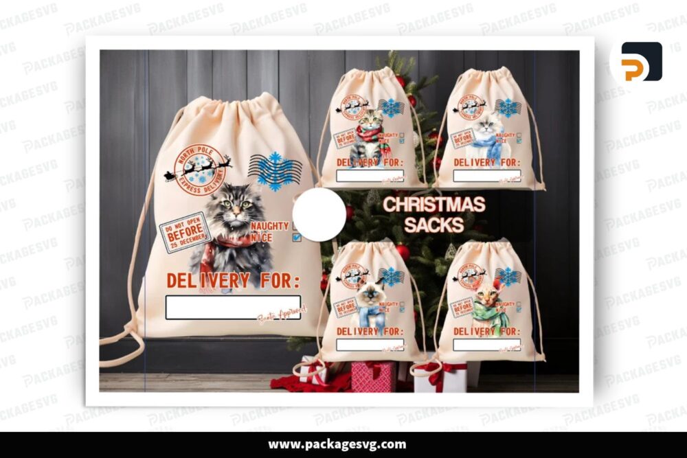 Cats Scarf Santa Sack Christmas PNG Bundle, 5 Sublimation Designs