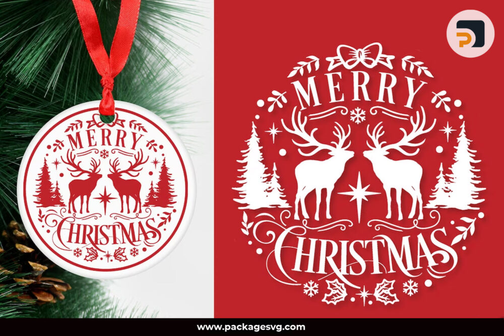 Christmas Reindeer Ornament SVG, Round Christmas Sign SVG