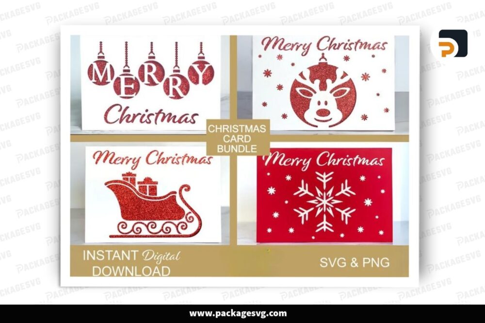 Merry Christmas Card Bundle, 4 SVG Paper Cut File