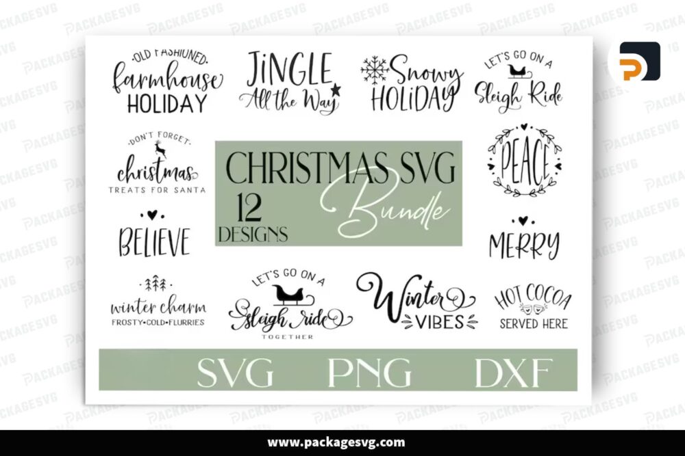 Farmhouse Christmas SVG Bundle, 12 Xmas Design Files