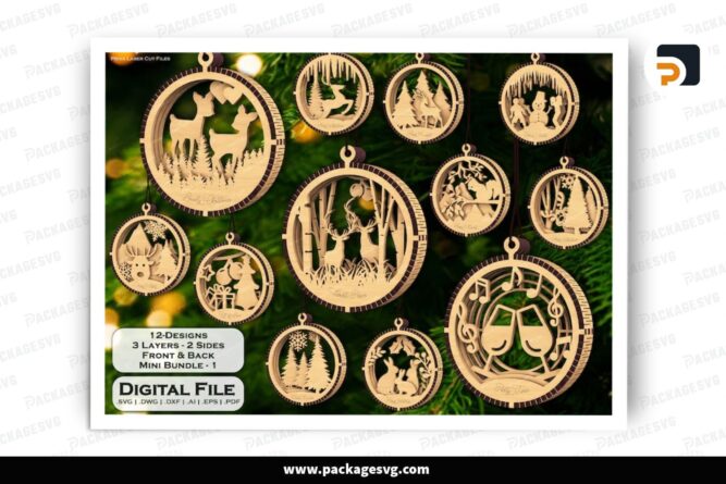 Tree Decoration Chritmas 3 Layers Ornament SVG Bundle, 12 Hanging Bauble Laser Cut Files LP97N6WK