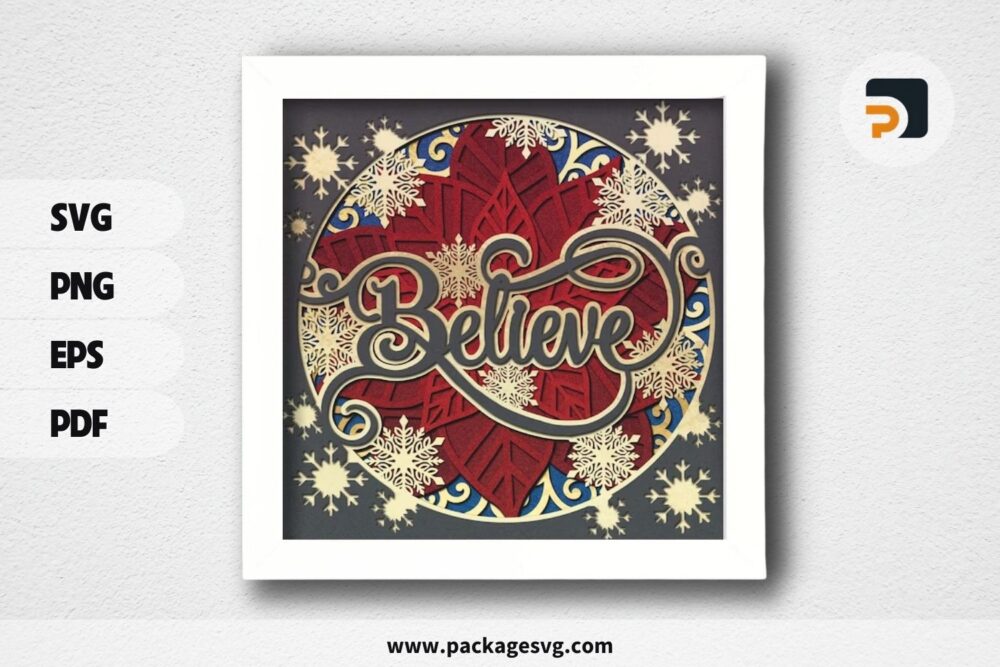 3D Believe Poinsettia Shadowbox, Christmas SVG Paper Cut File (2)