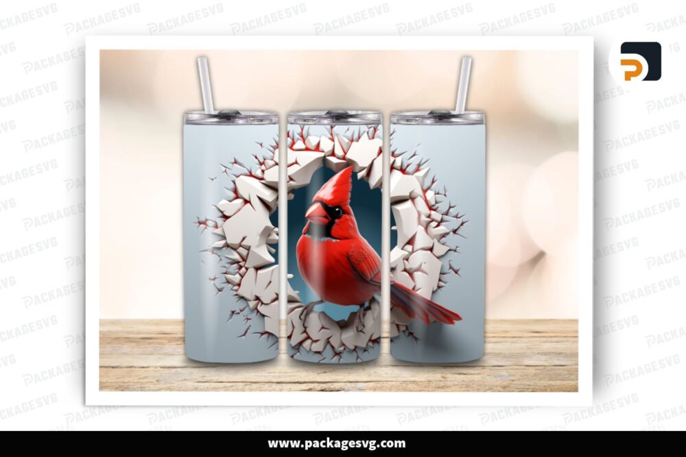 3D Cardinal Cracked Hole Sublimation Design, 20oz Skinny Tumbler Wrap