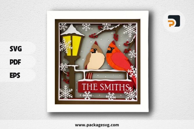 3D Cardinals At Lamp Post Shadowbox, SVG Paper Cut File (1)