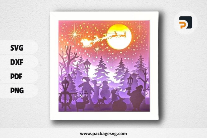 3D Children Play In The Snow Shadowbox, Christmas SVG Paper Cut File