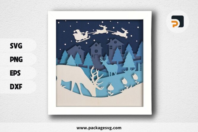 3D Christmas Deer Landscape Shadowbox, Xmas SVG Paper Cut File (1)