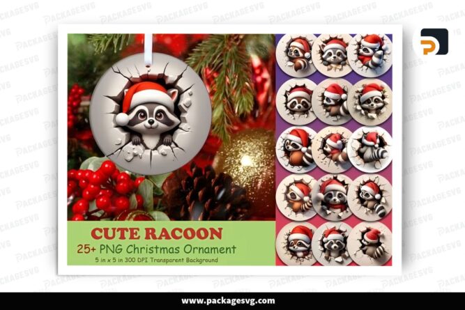 3D Cute Racoon Ornament Bundle, 25 PNG Sublimation Design LPTKA1ZF (2)