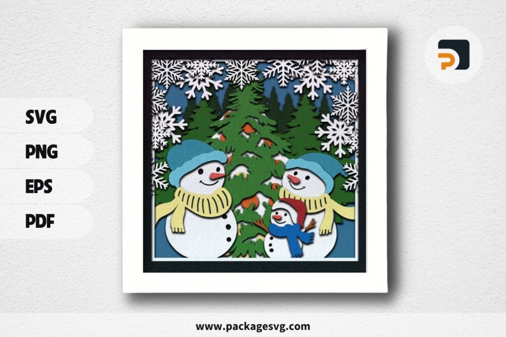 3D Family Snowman Shadowbox, Winter SVG Paper Cut File (1)