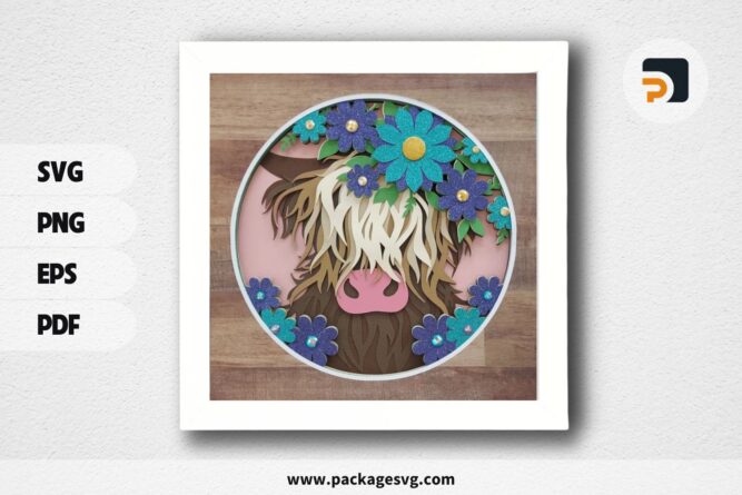 3D Highland Cow Shadowbox, SVG Paper Cut File (1)