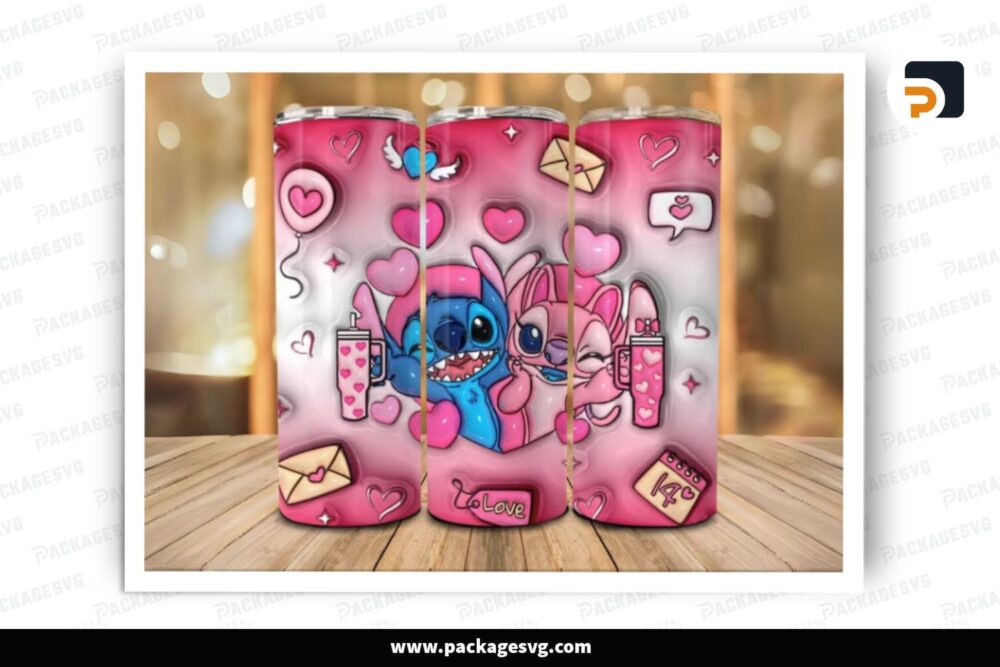 3D Inflated Cartoon Stitch Sublimation Design, Valentine 20oz Skinny Tumbler Wrap (2)