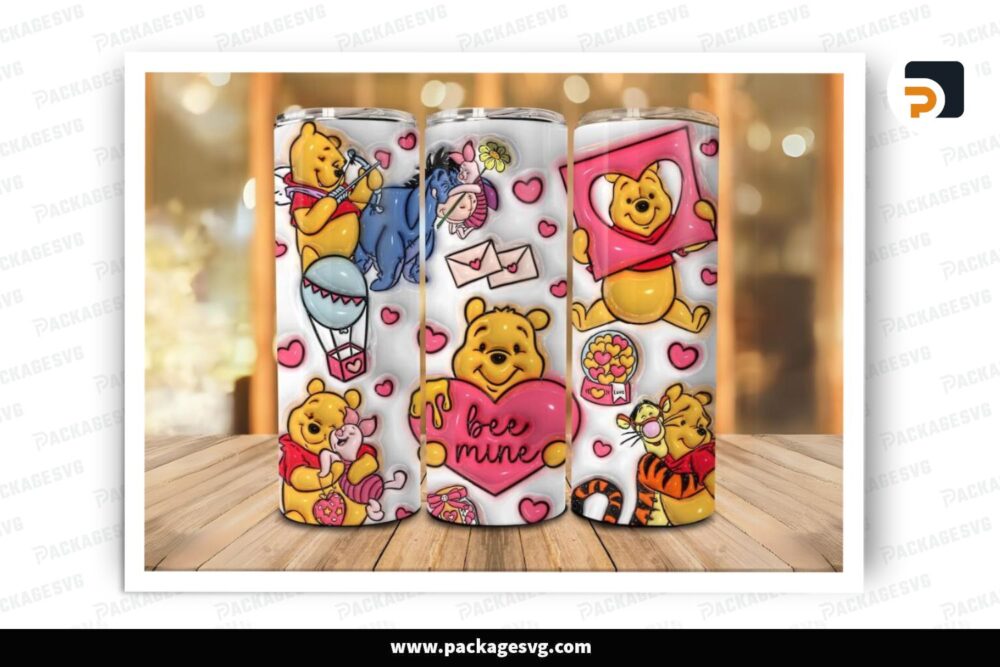 3D Inflated Pooh Sublimation Design, Valentine 20oz Skinny Tumbler Wrap (2)