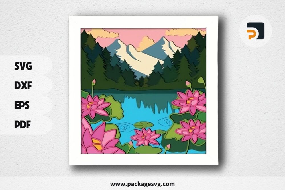 3D Lotus Pond Shadowbox, Flower SVG Paper Cut File LQGDYE9K (2)