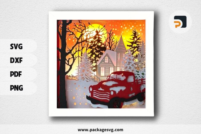 3D Red Truck Church Shadowbox, Christmas Night SVG Paper Cut File (1)