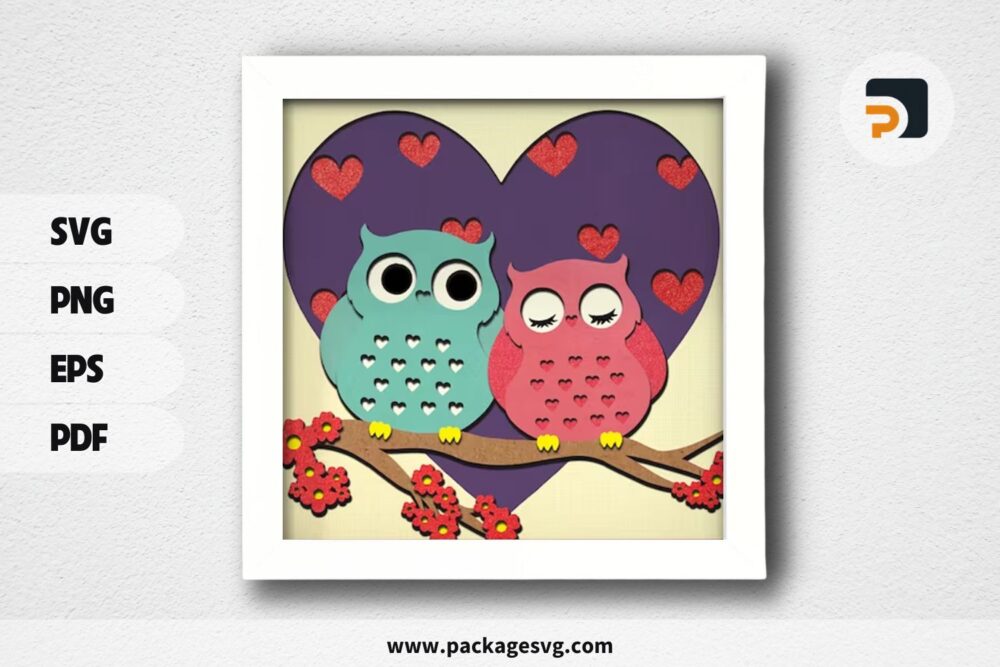 3D Valentine Owl Shadowbox, SVG Paper Cut File (1)