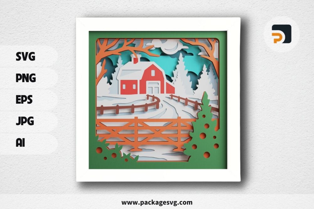 3D Winter Farmhouse Shadowbox, SVG Paper Cut File LQ6EE0QA (2)