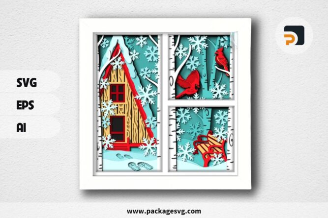 3D Winter Scene Shadowbox, Snowflakes Cardinal SVG Paper Cut File LQKEYDTS