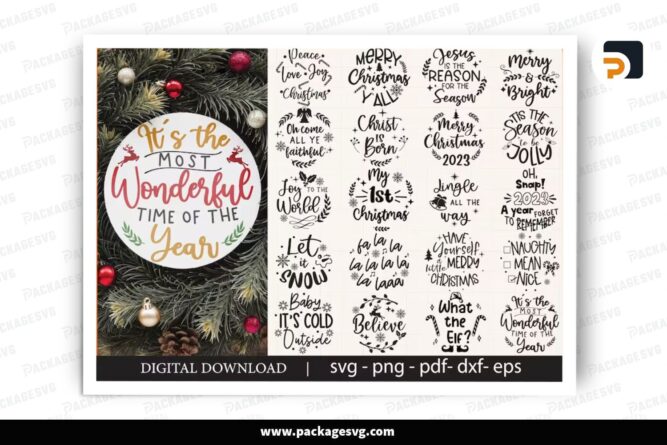 Christmas Quotes Round Ornament SVG Bundle, 40 Design Files