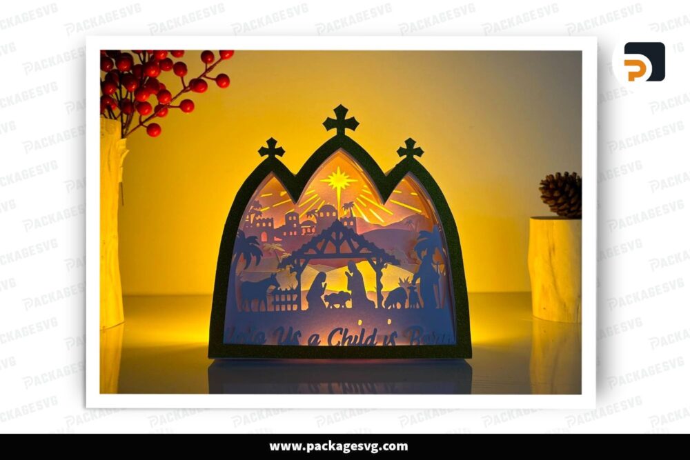 Nativity Scene Church Lantern, Christmas SVG Paper Cut File (3)