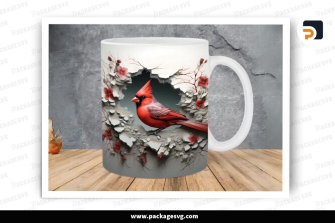 Red Cardinal Bird Hole Sublimation Design, 11oz 15oz Skinny Mug Wrap (1)