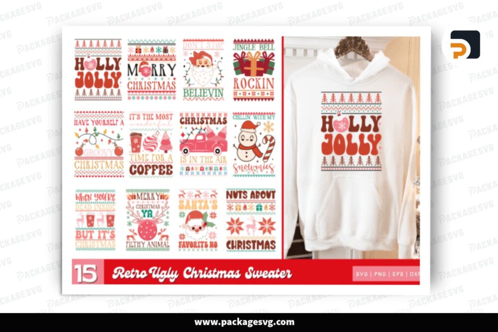 Retro Ugly Christmas Sweater SVG Bundle, 15 Design Cut Files LPPDXSYW