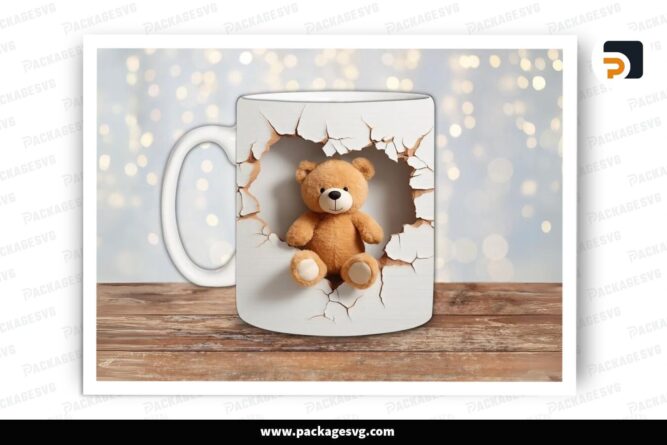 3D Bear Hole In A Wall Sublimation Design, 11oz 15oz Skinny Mug Wrap (2)