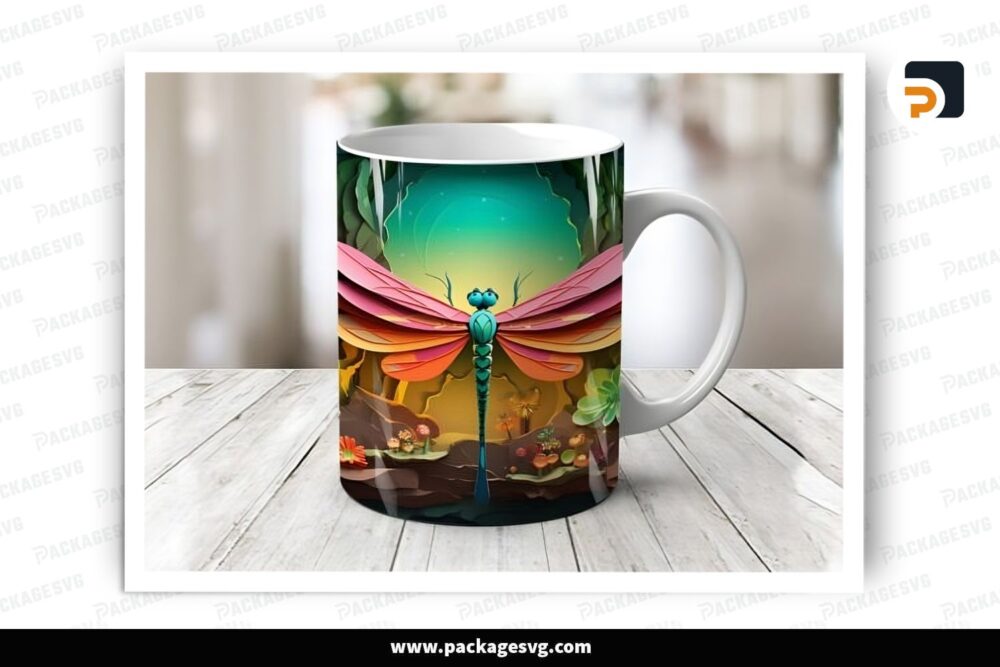 3D Dragonfly Sublimation Design, 11oz 15oz Skinny Mug Wrap (1)