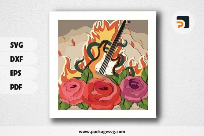 3D Electric Guitar Shadowbox, Rose Flower SVG Paper Cut File LR74VJZC (1)