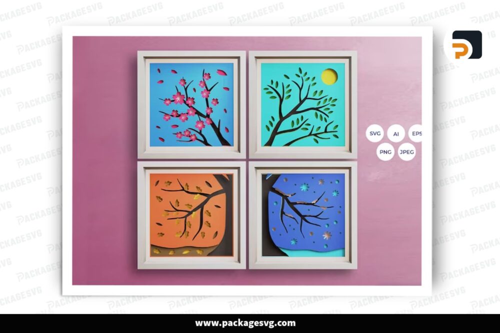 3D Four Seasons Tree Shadowbox Bundle, 4 SVG Paper Cut File (2)