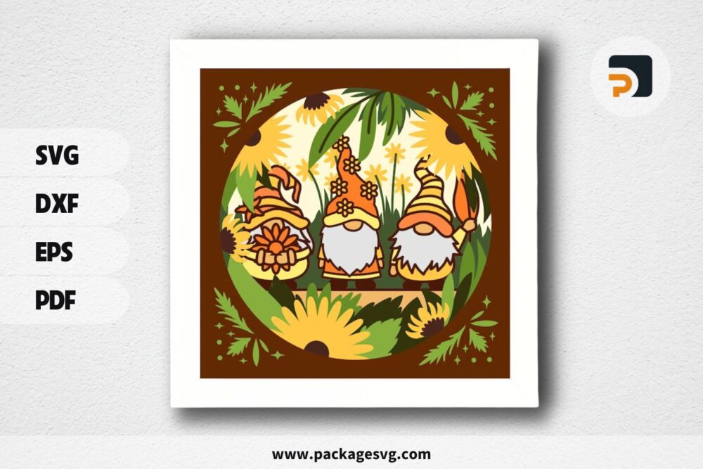 3D Gnomes And Sunflowers Shadowbox, SVG Paper Cut File (2)