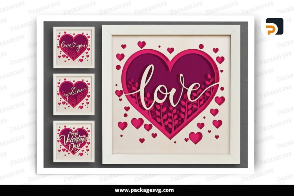 3D Heart Of Love Shadowbox Bundle, 4 Valentine SVG Paper Cut File (3)