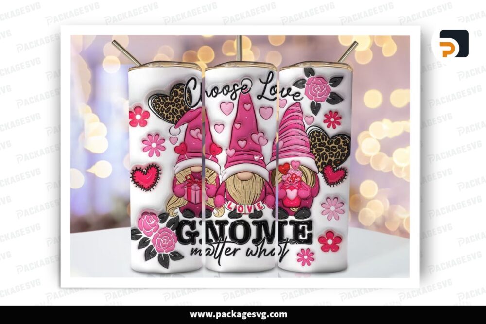 3D Inflated Gnome Sublimation Design, 20oz Valentine Skinny Tumbler Wrap (1)