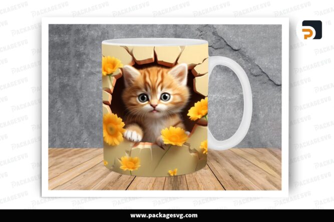 3D Kitten Hole In Flower Wall Sublimation Design, 11oz 15oz Skinny Mug Wrap LRIY1G7U (1)