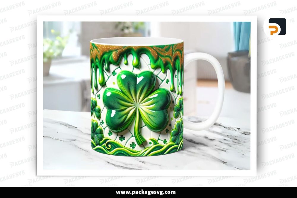 3D Puff Four Clover Sublimation Design, 11oz 15oz St Patrick's Day Skinny Mug Wrap (1)