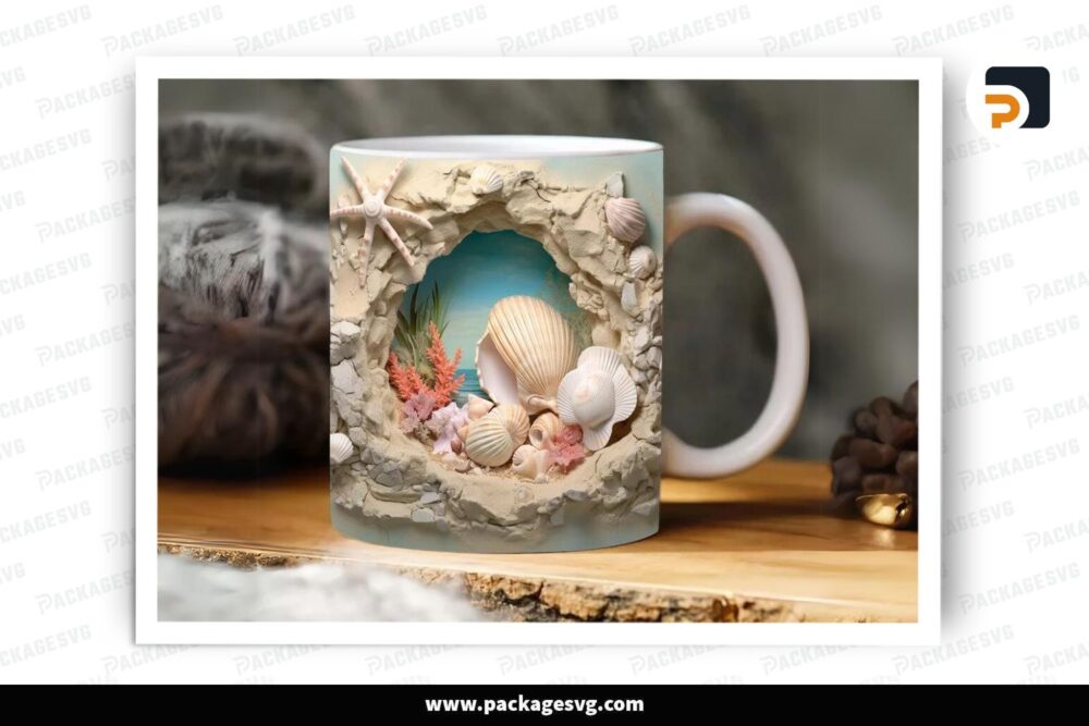 3D Seashell Hole In A Wall Sublimation Design, 11oz 15oz Summer Beach Skinny Mug Wrap (2)